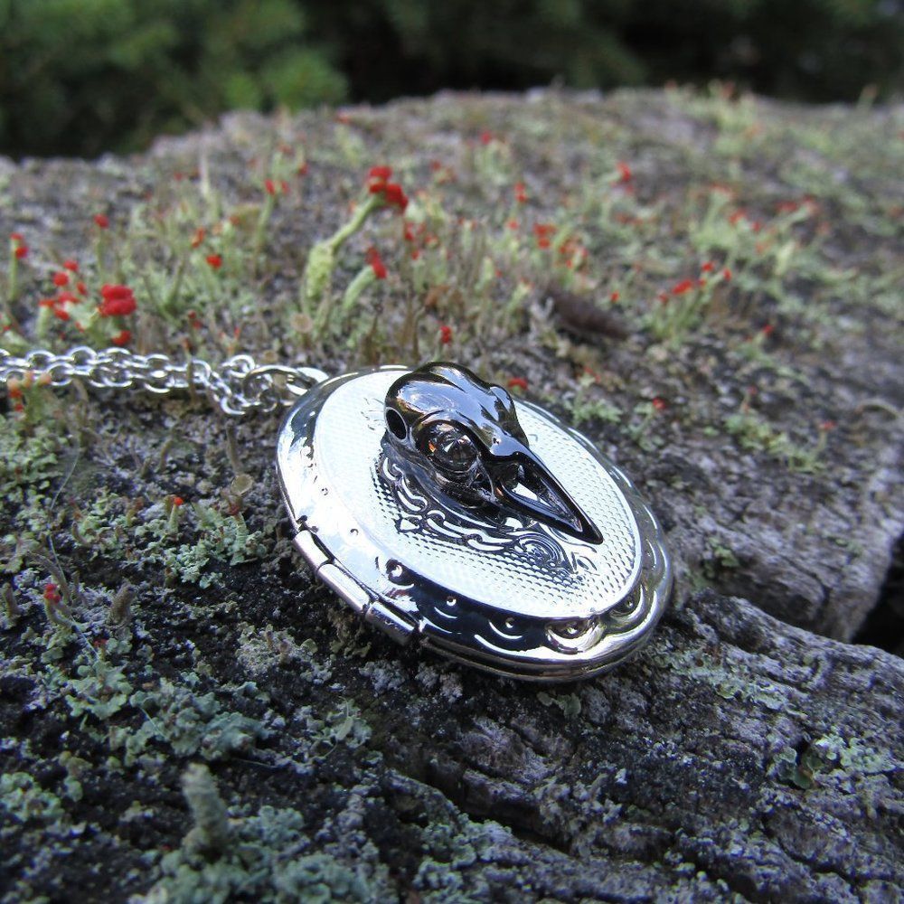 Dainty Raven Photo Locket Necklace witch Halloween goth